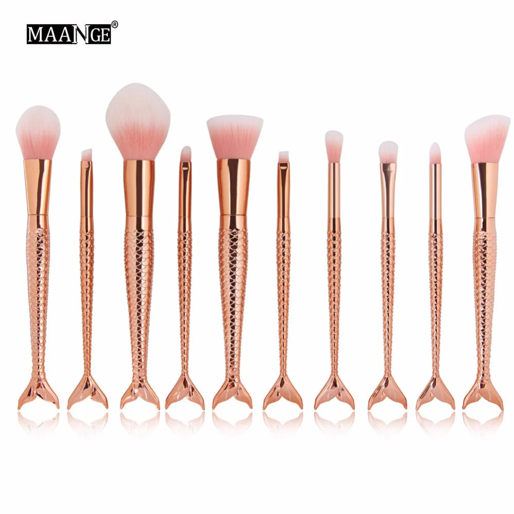 10-teiliges großes Make-up-Pinsel-Set im Meerjungfrauen-Design 