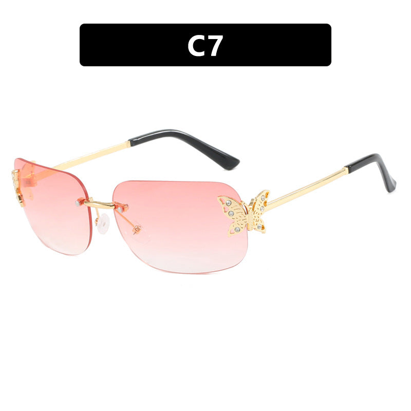 Frameless Rectangular Butterfly Retro Diamond Studded Sunglasses