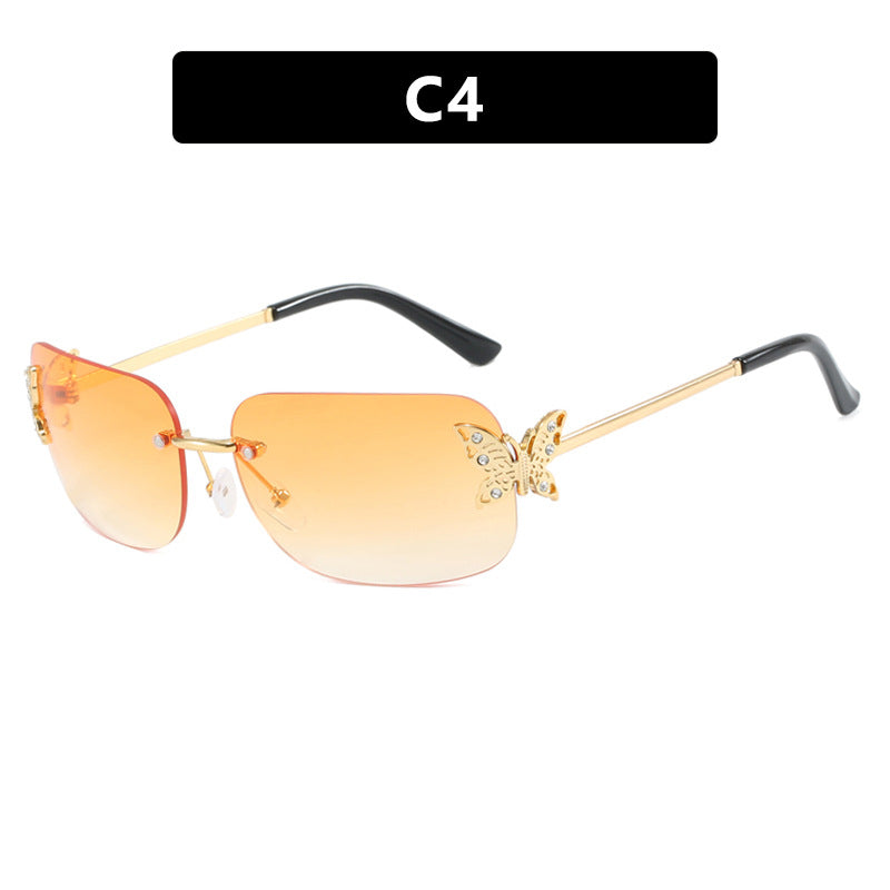 Frameless Rectangular Butterfly Retro Diamond Studded Sunglasses